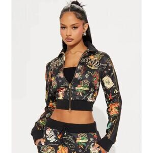 Ed Hardy XL Embroidered Allover Graphic Print Cropped Full Zip Track Jacket Y2K